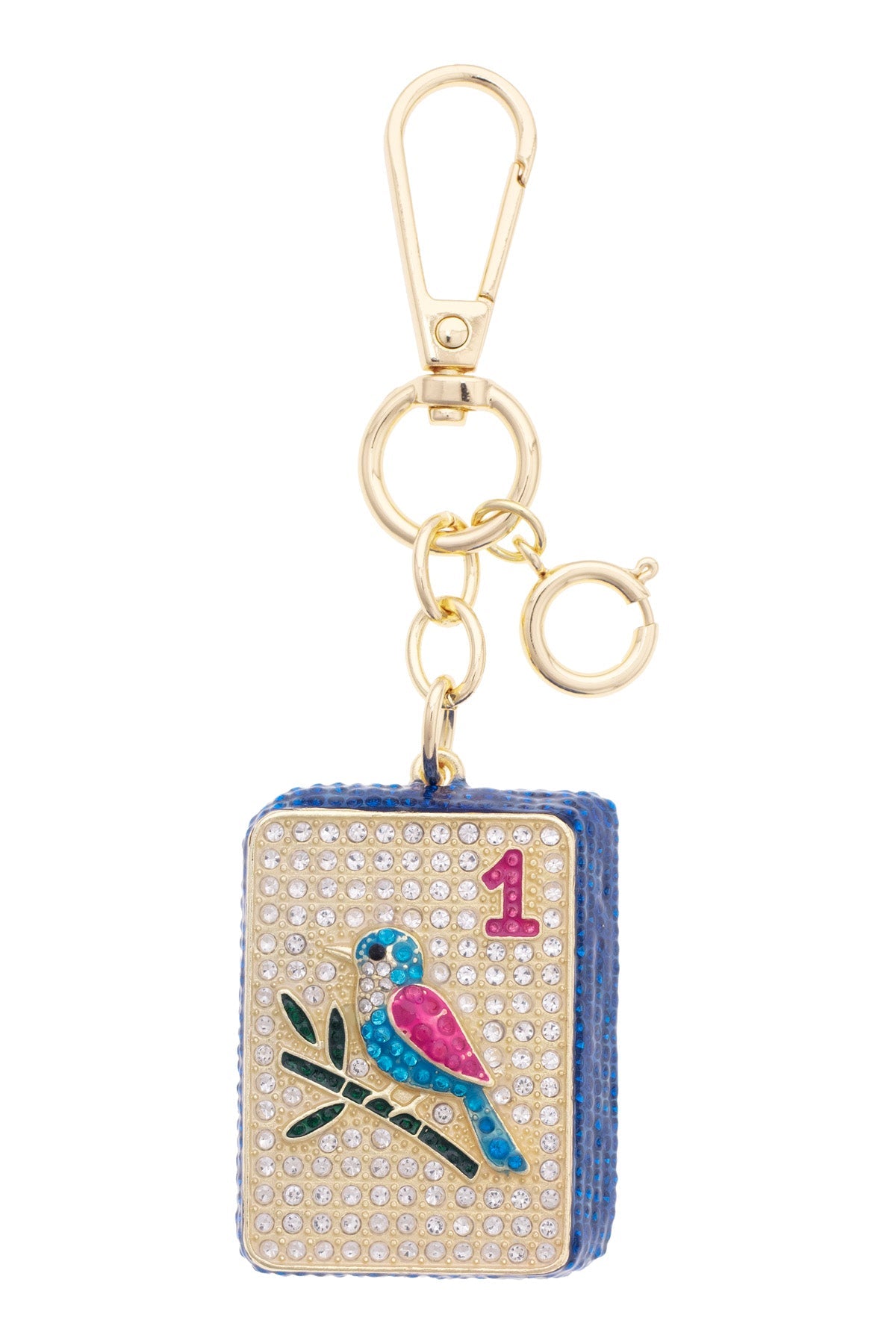 Mahjong One Dot Tile Embellished Bag Charm in White, Blue, & Pink