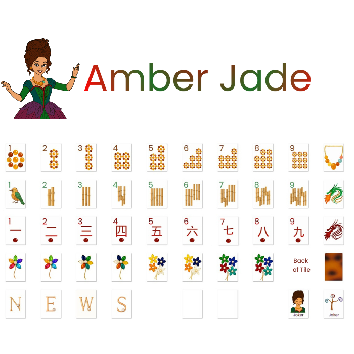 Collection of mahjong tiles with 'Amber Jade' branding and various symbols on a white background.