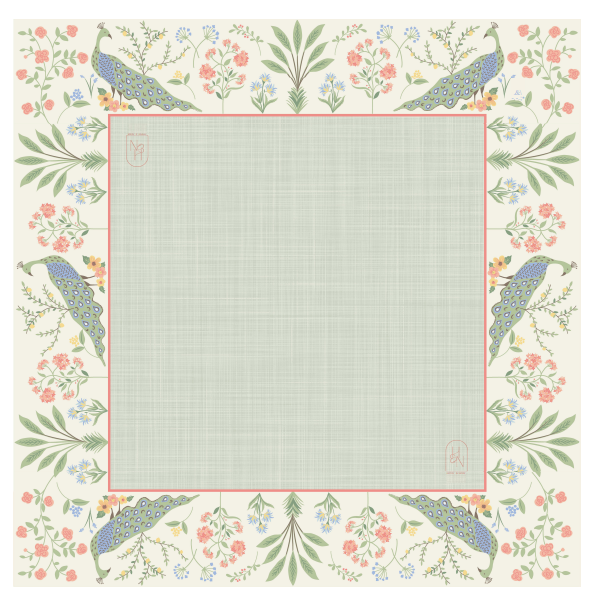 Decorative mahjong mat with peacocks and flowers on a grid background