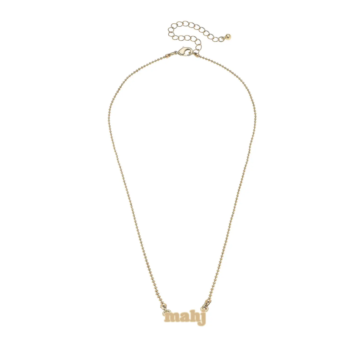 Gold necklace with 'mahj' pendant on a white background
