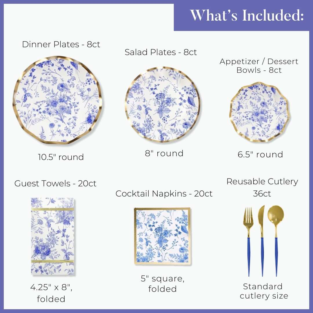 Tableware set with dinner plates, salad plates, appetizer bowls, guest towels, cocktail napkins, and reusable cutlery on a white background.
