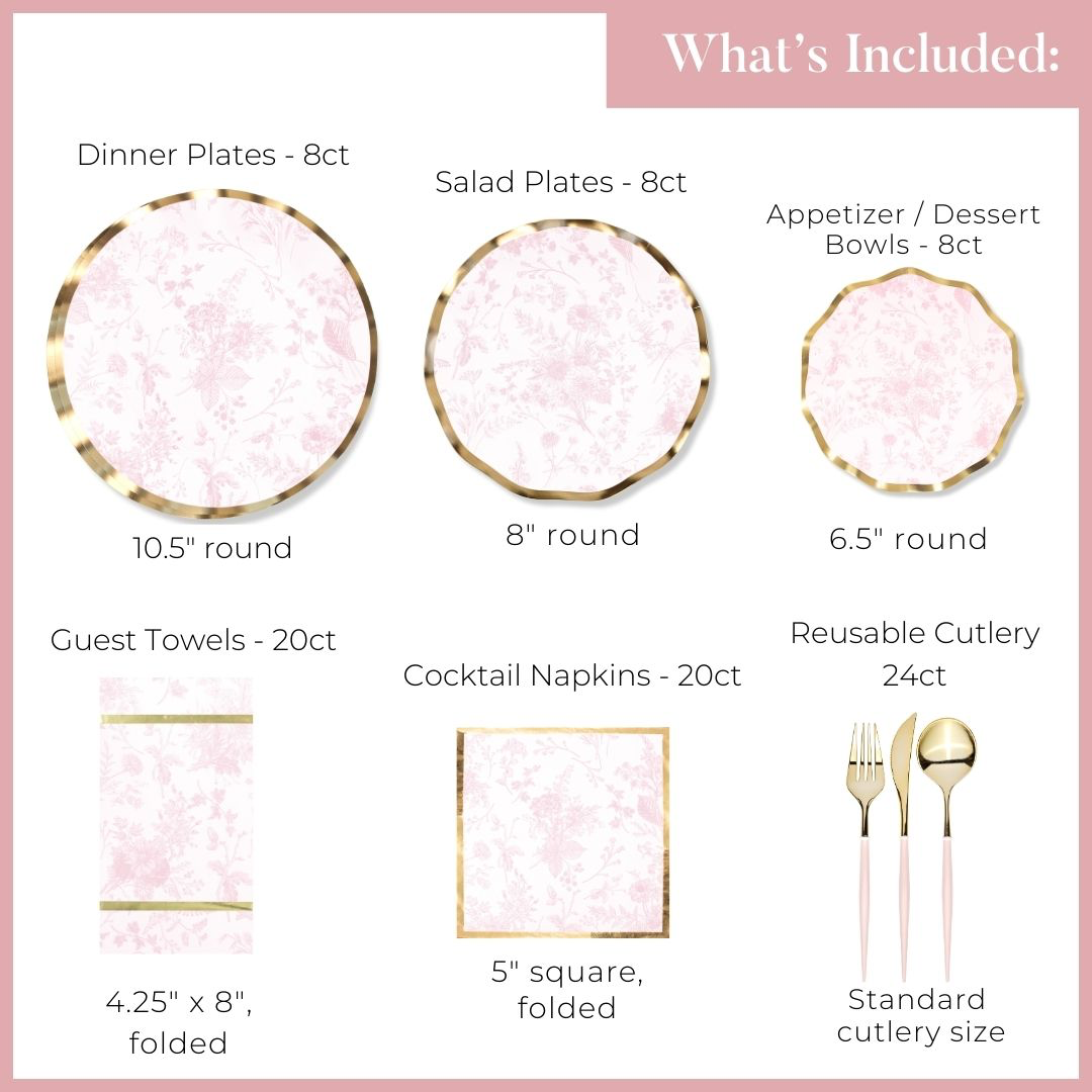 Tableware set with plates, bowls, napkins, and cutlery on a pink background