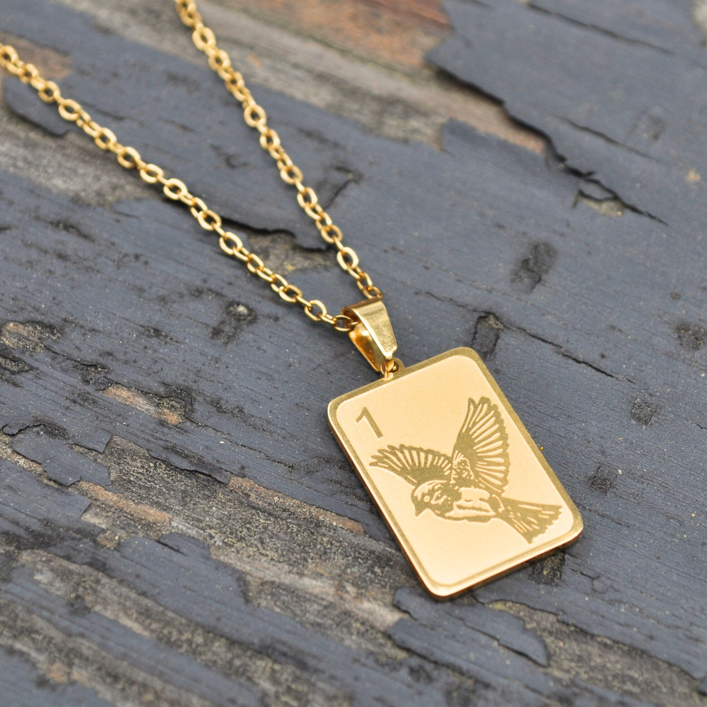Mahjong Necklace, One Bam Bird Engraved Sparrow