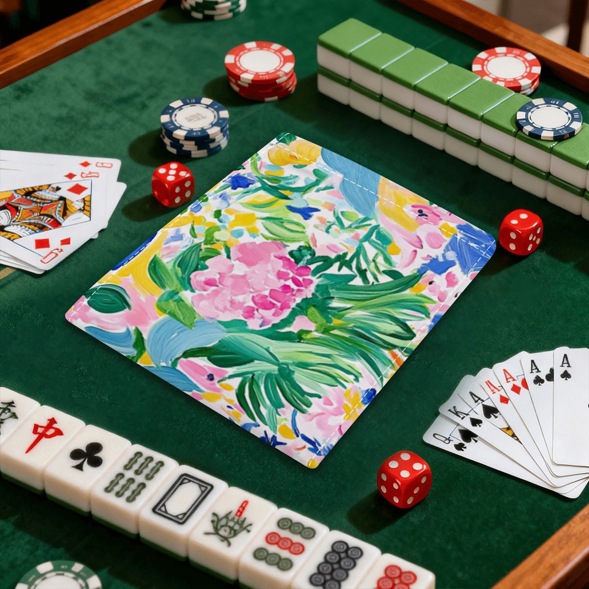 Floral Chinoiserie Designed 4 Mahjong Card Holder with Line Finder
