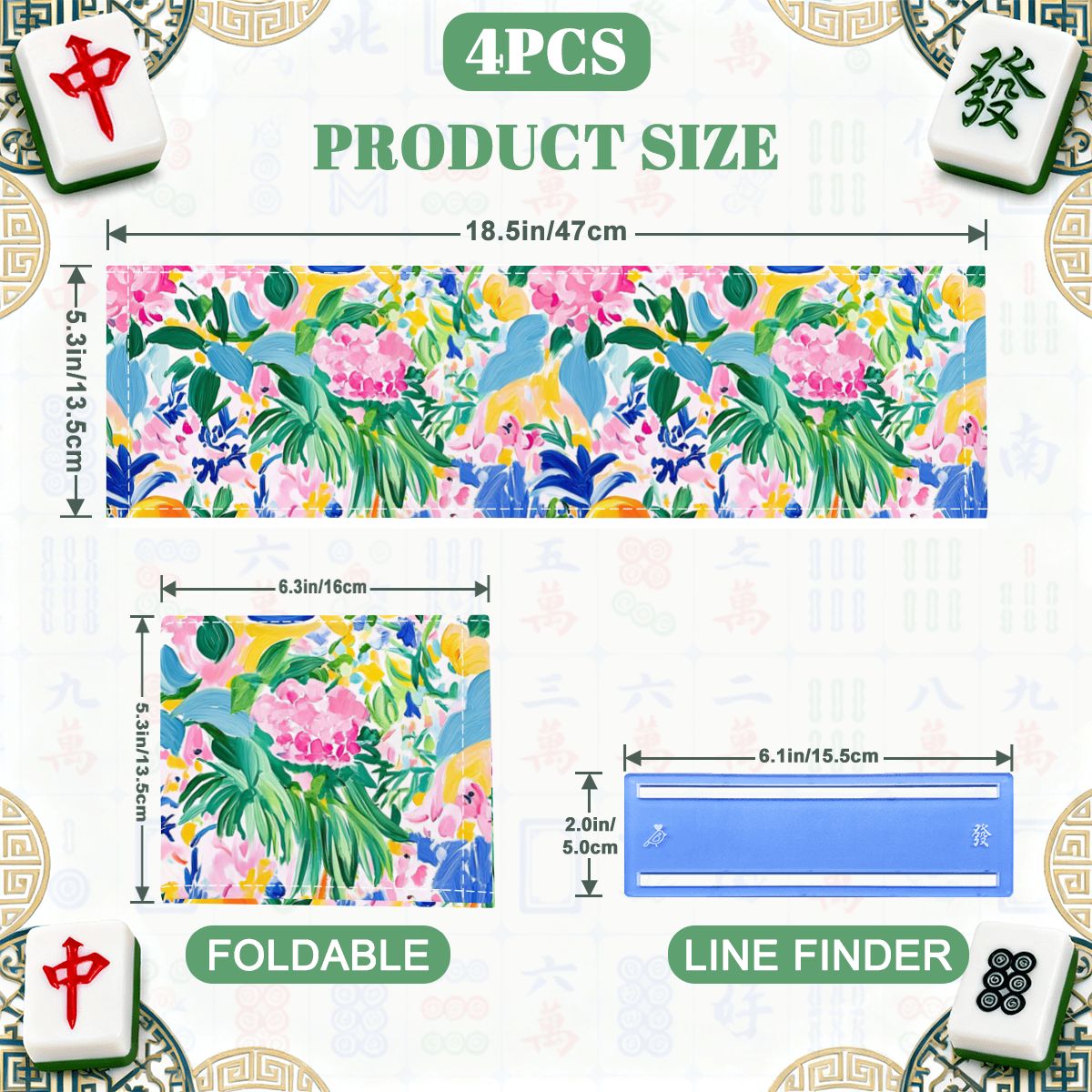 Floral Chinoiserie Designed 4 Mahjong Card Holder with Line Finder