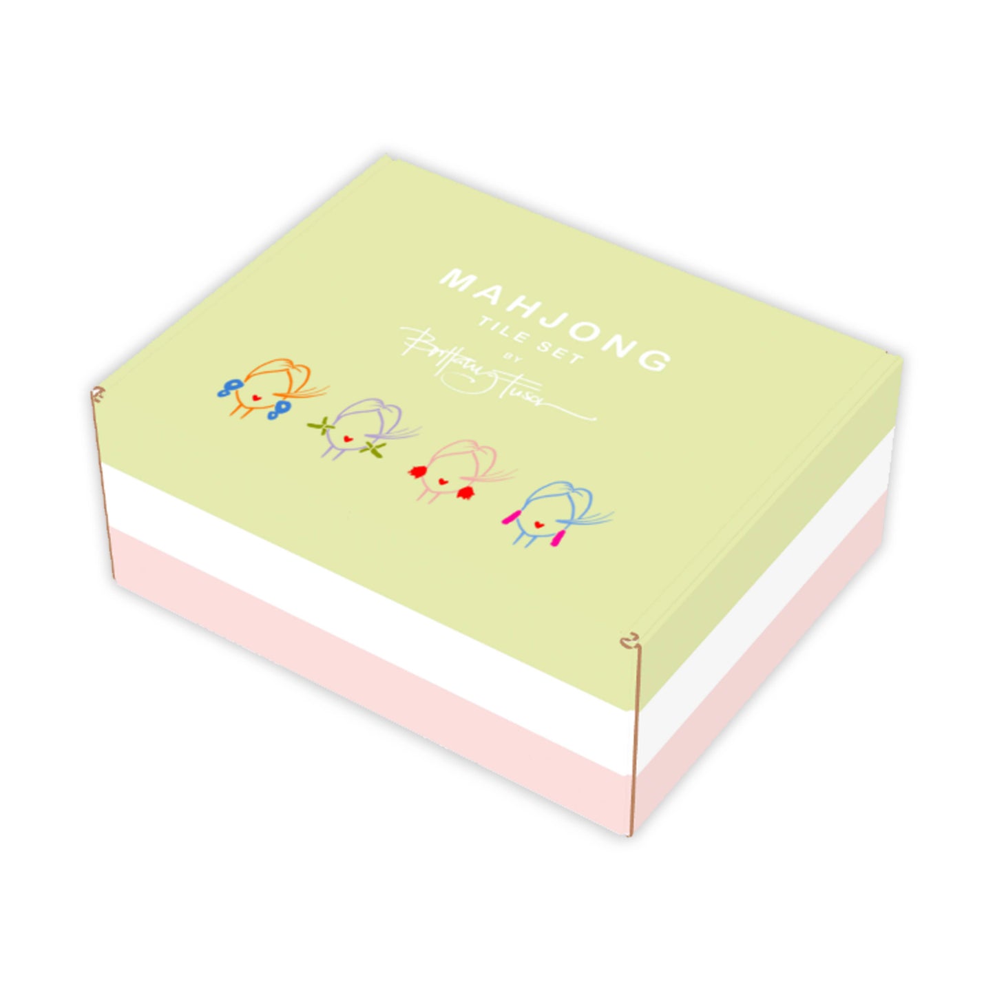 Mahjong game box with colorful bee illustrations on a light green and pink background