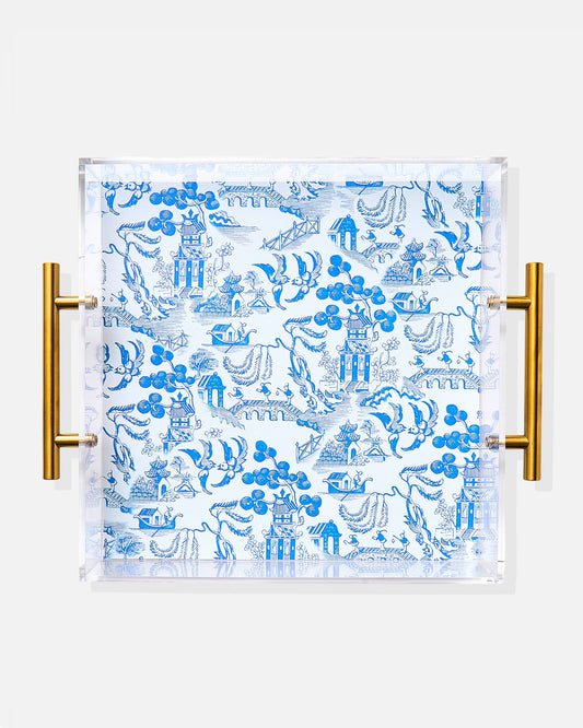 Chinoiserie Print Acrylic Tray With Gold Handles