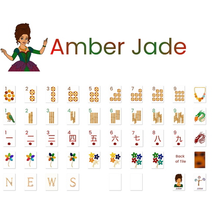 Collection of mahjong tiles with 'Amber Jade' branding and various symbols on a white background.