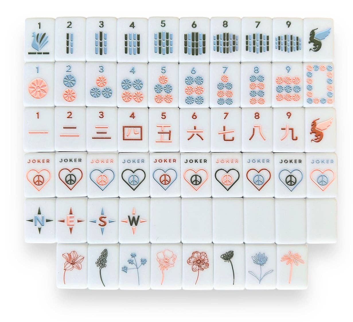 Set of colorful mahjong tiles with various symbols and designs on a white background