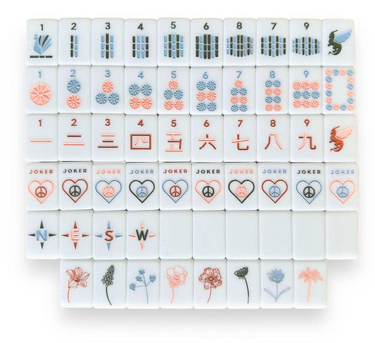 Set of colorful mahjong tiles with various symbols and designs on a white background