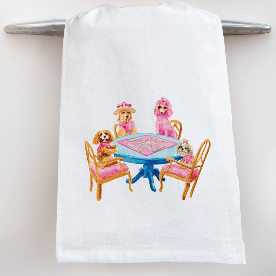 Dogs Playing Mahjong Tea Towel