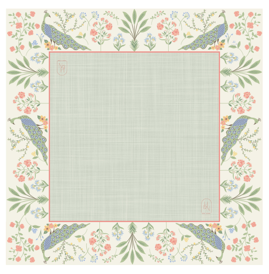 Decorative mahjong mat with peacocks and flowers on a grid background