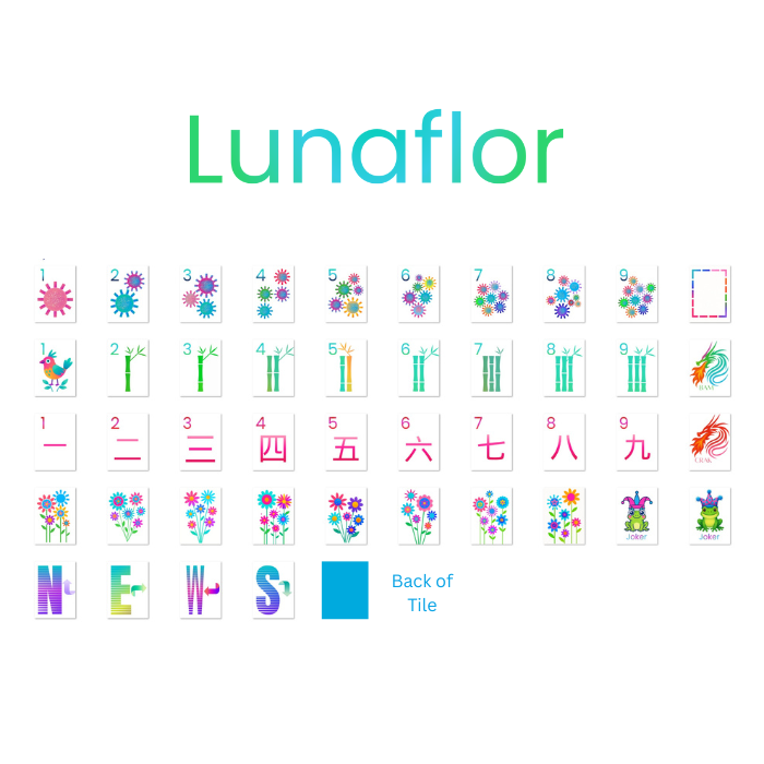 Lunaflor mahjong tiles with colorful designs and text on a white background