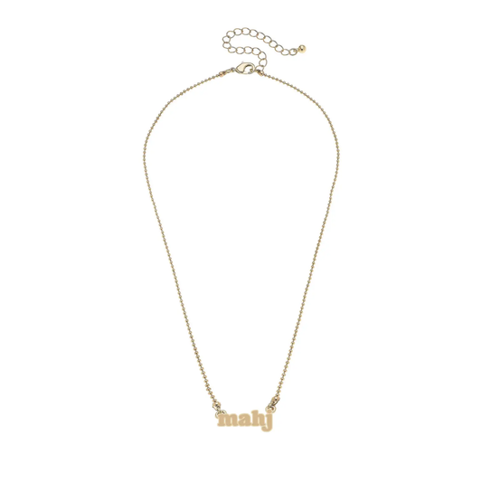 Gold necklace with 'mahj' pendant on a white background