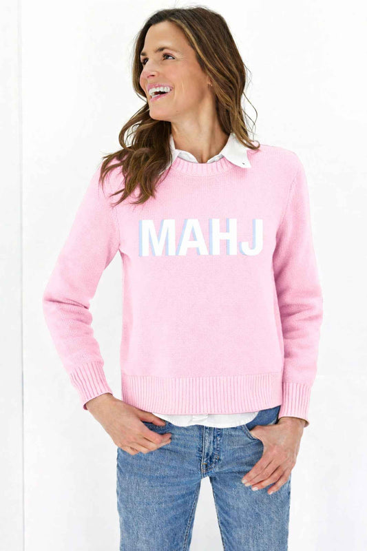 Mahjong Sweater with 'MAHJ' in Light Pink and White