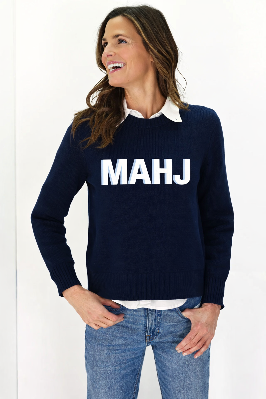 Mahjong Sweater with 'MAHJ' in Navy and White