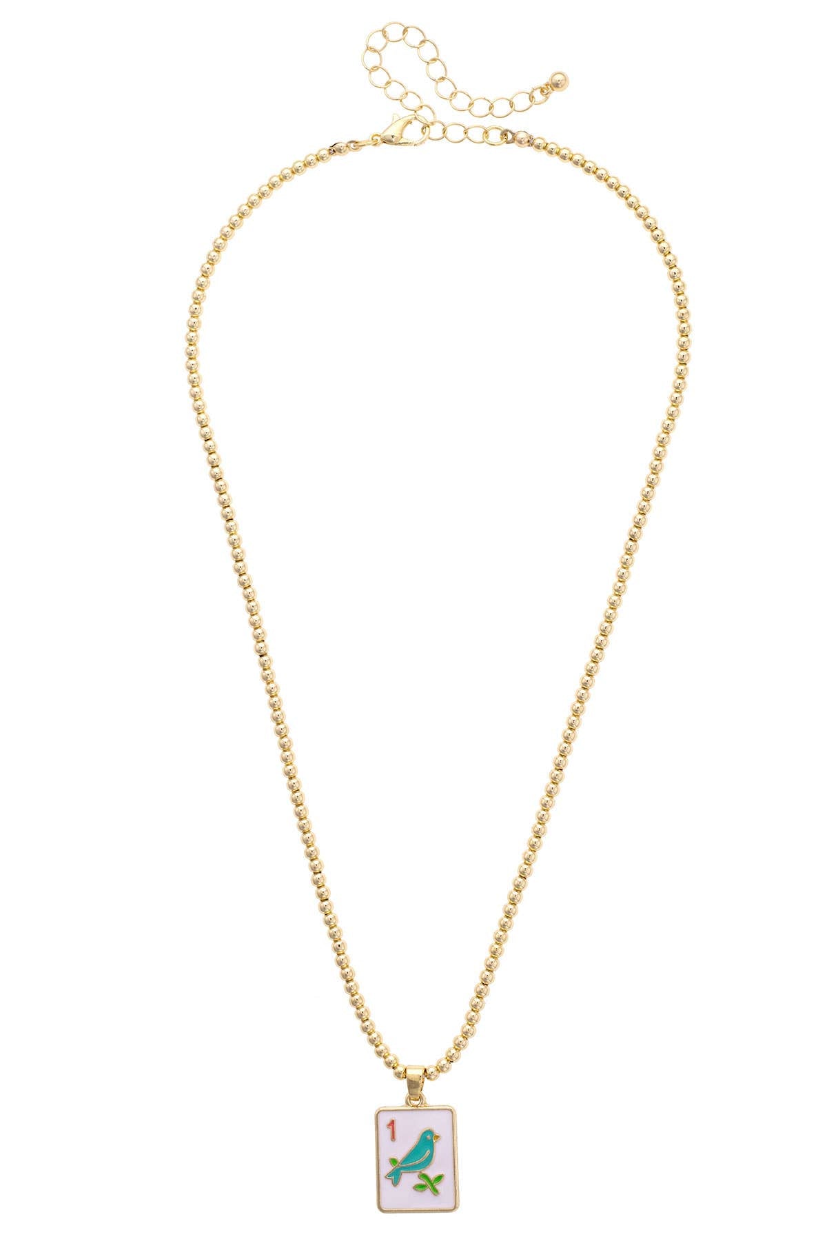 Gold necklace with a mahjong bam bird pendant on a white background