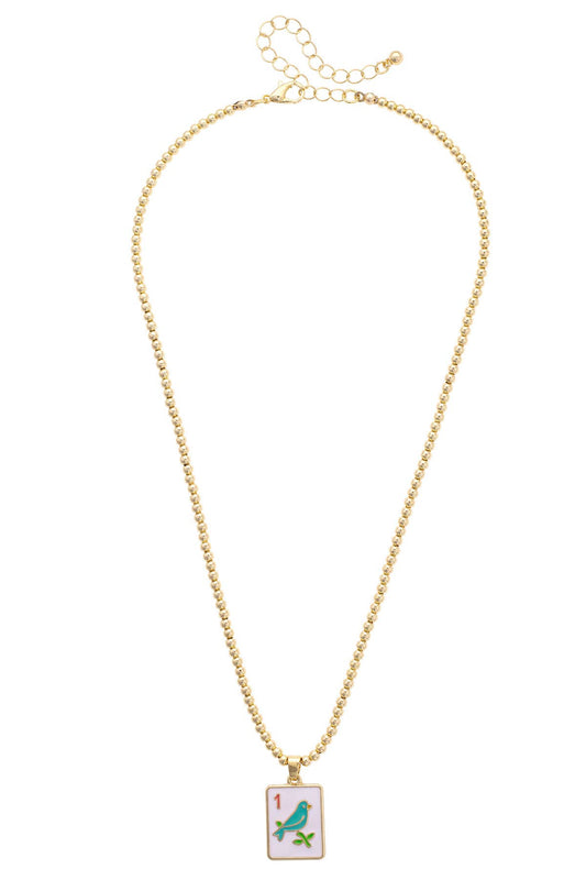 Gold necklace with a mahjong bam bird pendant on a white background