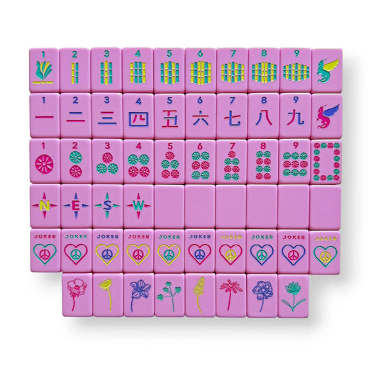 Set of pink mahjong tiles with various symbols on a white background