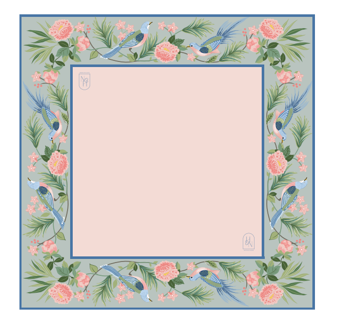 Decorative mahjong mat with floral and bird pattern on a light blue background