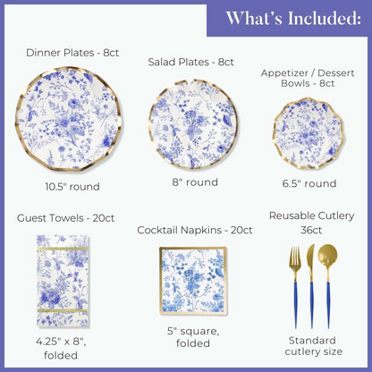 Tableware set with dinner plates, salad plates, appetizer bowls, guest towels, cocktail napkins, and reusable cutlery on a white background.