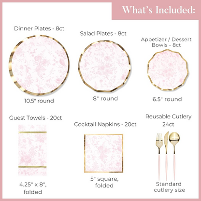 Tableware set with plates, bowls, napkins, and cutlery on a pink background