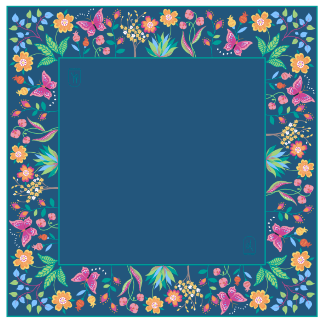 Colorful floral and butterfly border on a blue background mahjong mat
