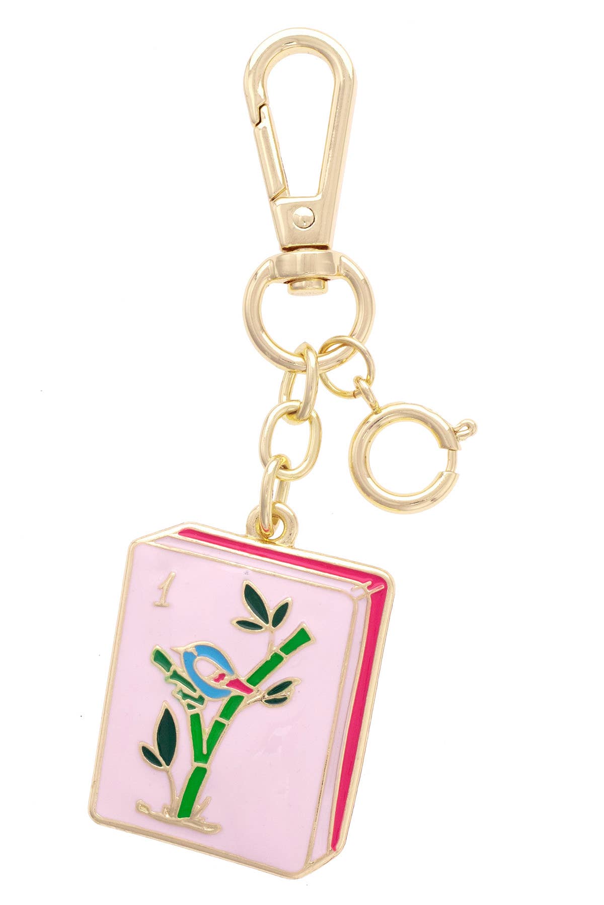Keychain with pink book design and bird illustration on a white background
