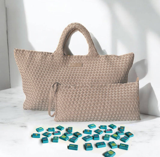 Peace Love Mahjong - Woven Mahjong Carryall - Fawn